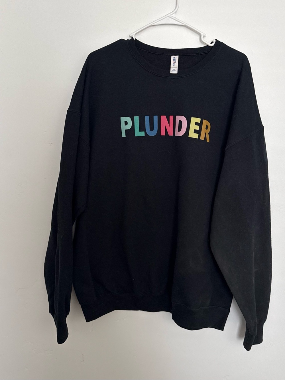 Jerzees Black Crewneck Sweater with Multicolor PLUNDER Graphic